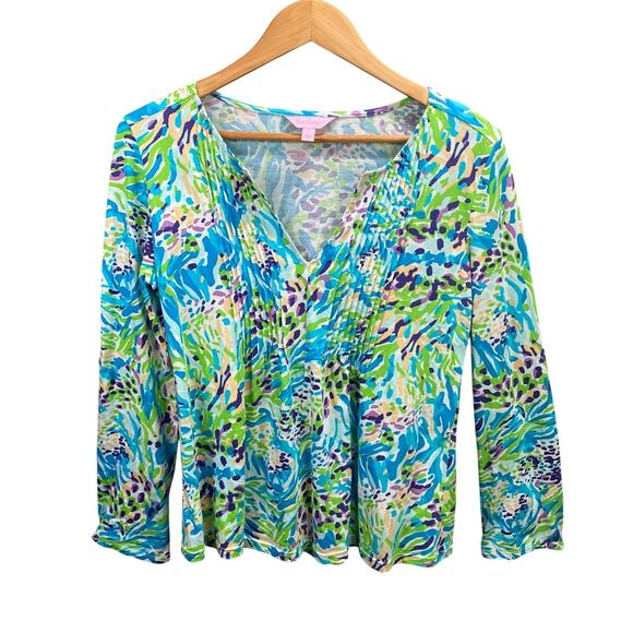 Lilly Pulitzer Top Sz S V-Neck Long Sleeve Colorful Printed Blouse - Picture 1 of 11